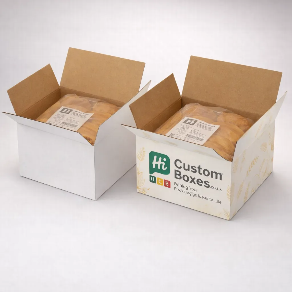 Two white cardboard shipping boxes filled with packaged bread rolls, one displaying a large green company logo.
